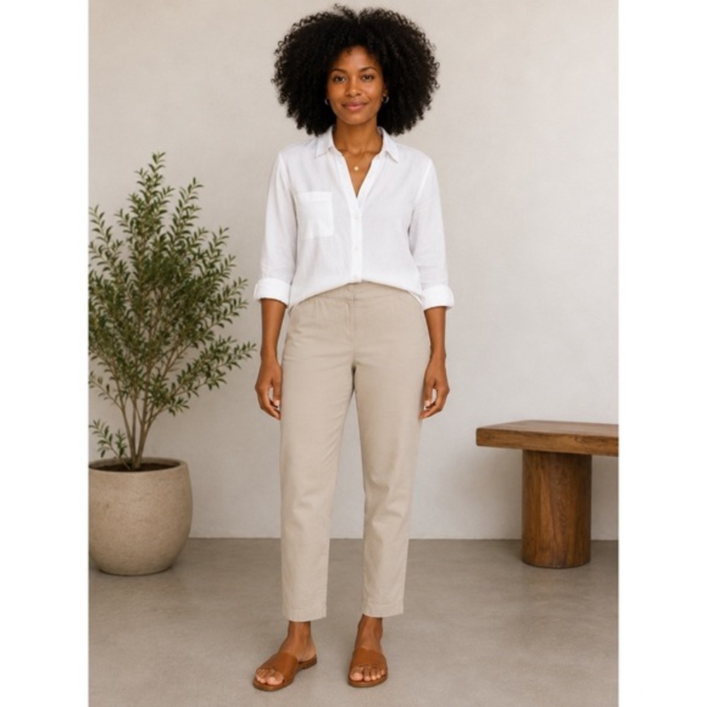 Eileen Fisher Tan Organic Cotton Tapered Pant Minimalist Quiet Luxury Coastal M‎